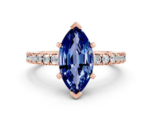 Rose gold Marquise Cut Solitaire Blue Sapphire with Pavé Band and Four-Prong Setting