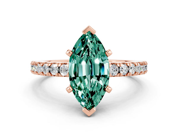 Rose gold Marquise Cut Solitaire Green Sapphire with Pavé Band and Four-Prong Setting