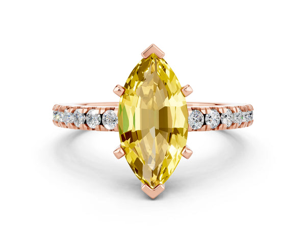 Rose gold Marquise Cut Solitaire Yellow Sapphire with Pavé Band and Four-Prong Setting