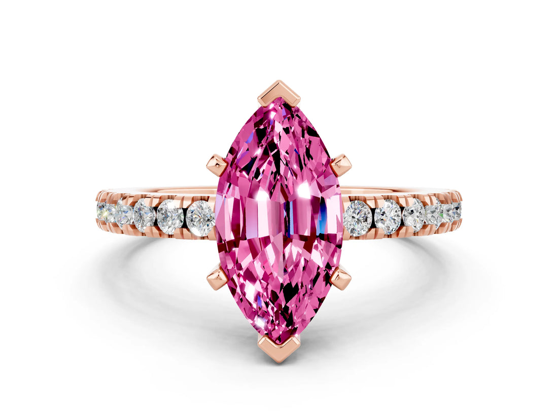 Rose gold Marquise Cut Solitaire Diamond with Pavé Band and Four-Prong Setting