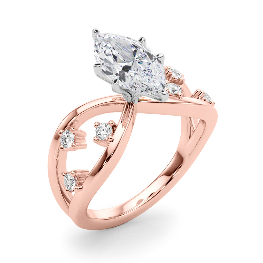 Rose gold Marquise Cut Solitaire Diamond with Side Stones on Criss-Cross Band and Four-Prong Setting 1