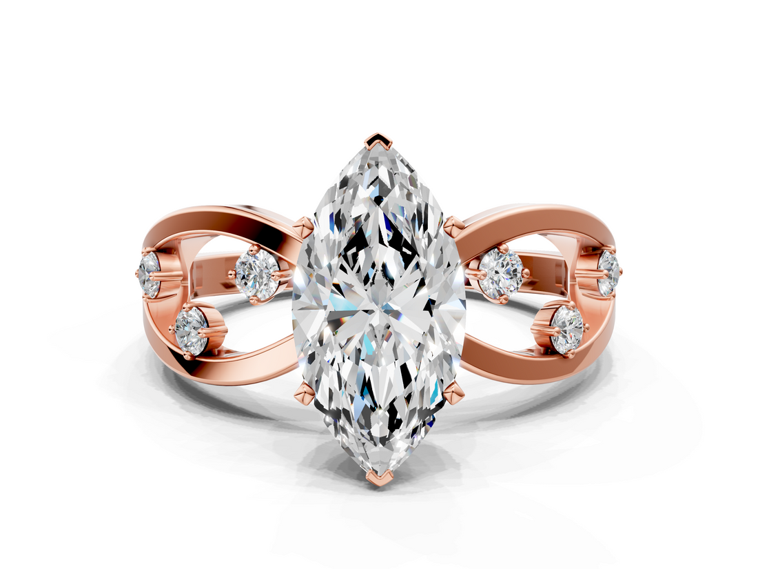 Rose gold Marquise Cut Solitaire Diamond with Side Stones on Criss-Cross Band and Four-Prong Setting_26