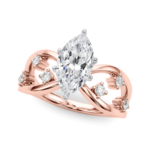 Rose gold Marquise Cut Solitaire Diamond with Side Stones on Criss-Cross Band and Four-Prong Setting