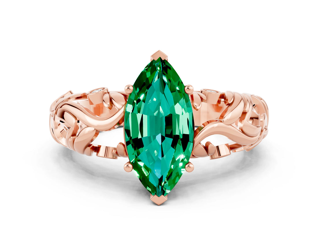 Rose gold Marquise Cut Solitaire Emerald Leaf-Inspired Vine Band Ring with Prong Setting