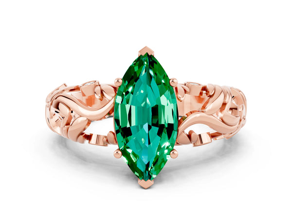 Rose gold Marquise Cut Solitaire Emerald Leaf-Inspired Vine Band Ring with Prong Setting