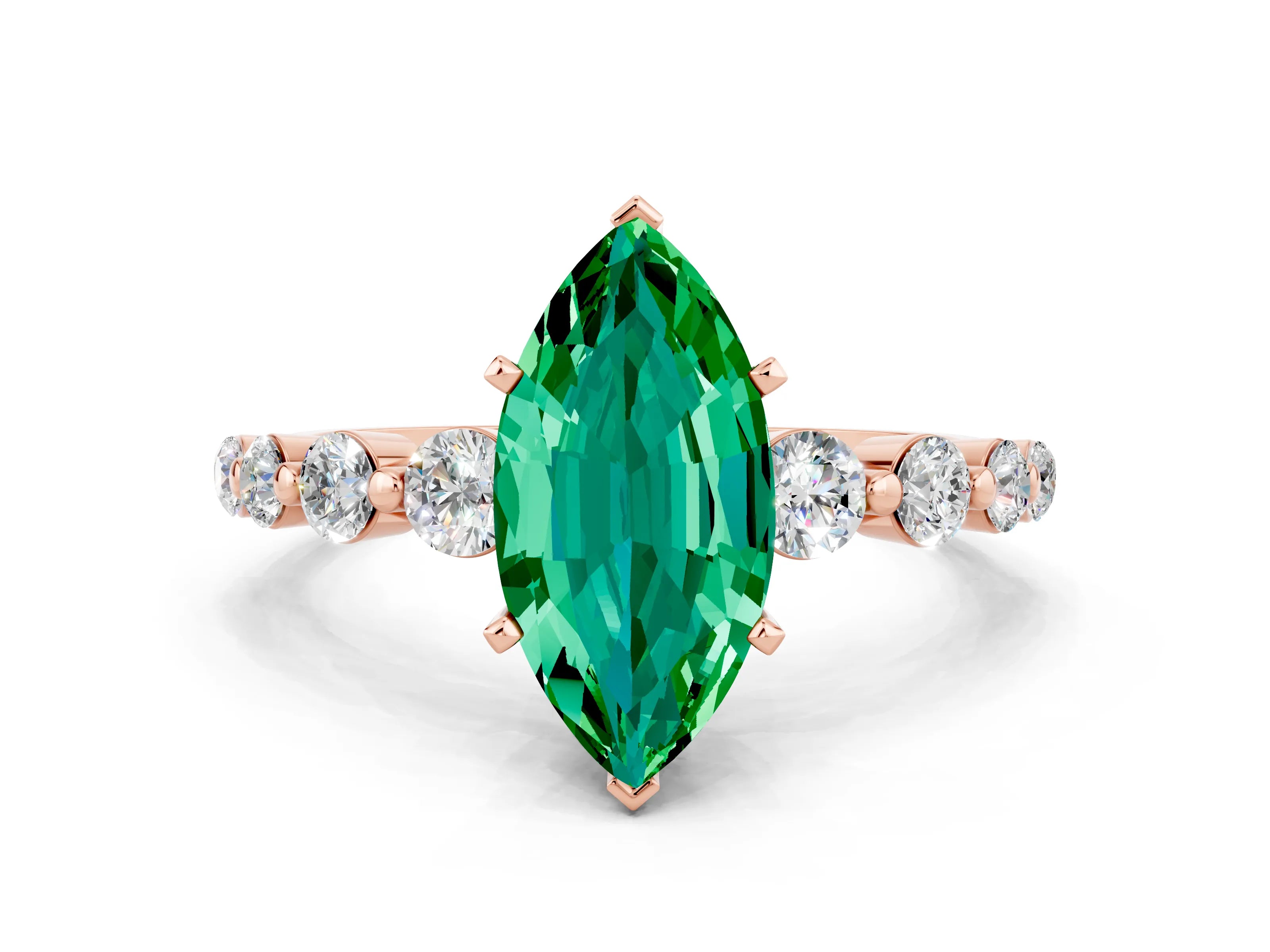 Rose gold Marquise Cut Solitaire Emerald Ring with Pave Band and Four-Prong Setting