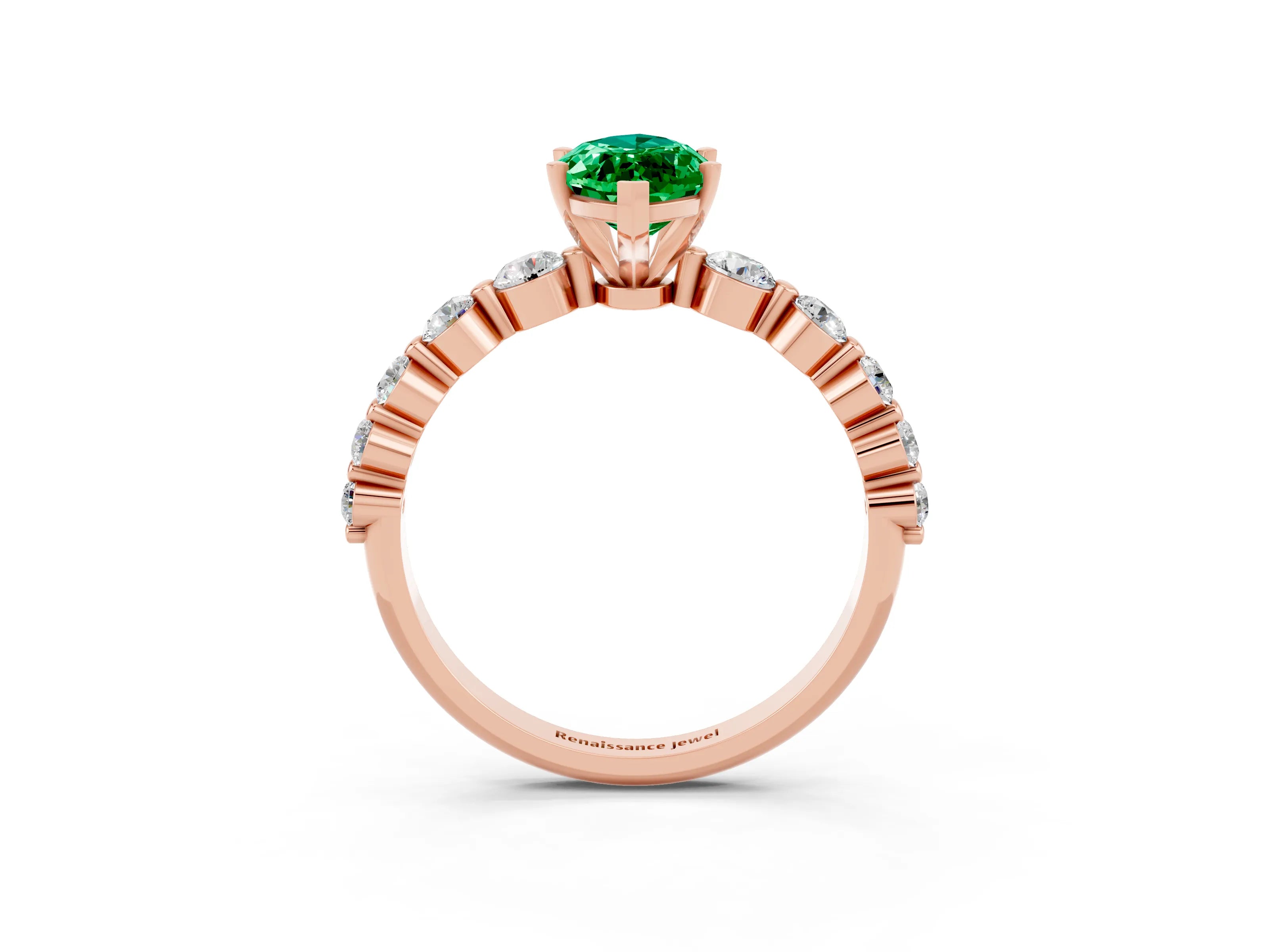 Rose gold Marquise Cut Solitaire Emerald Ring with Pave Band and Four-Prong Setting_3