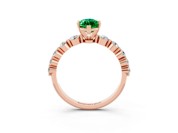 Rose gold Marquise Cut Solitaire Emerald Ring with Pave Band and Four-Prong Setting