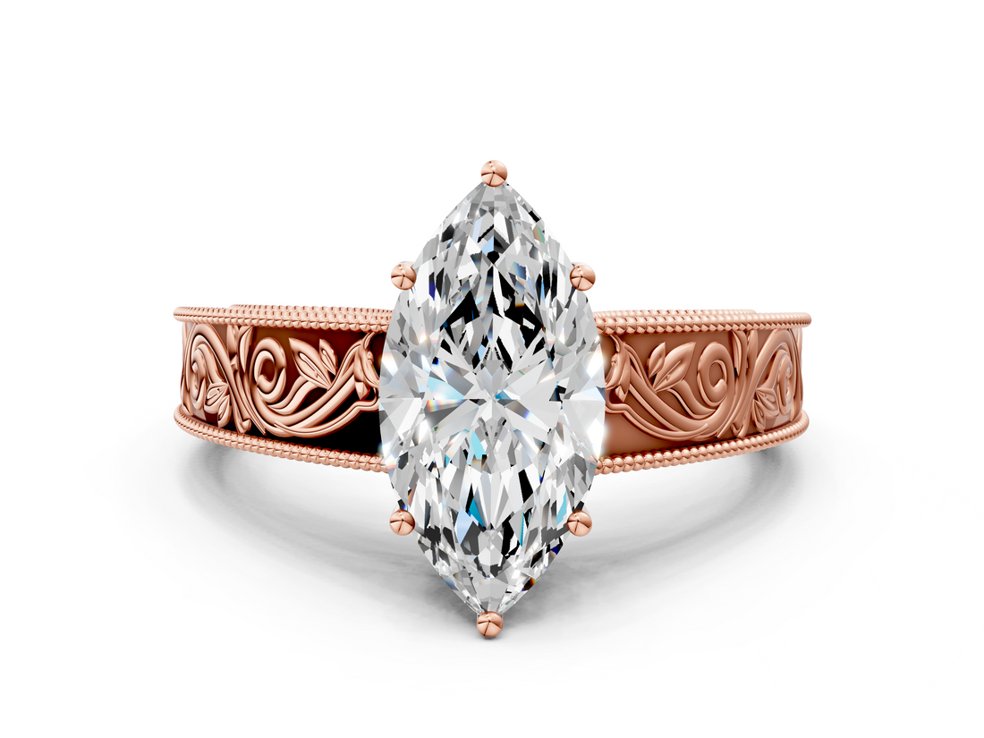 Rose gold Marquise Cut Solitaire Engraved Band with Four-Prong Setting_62