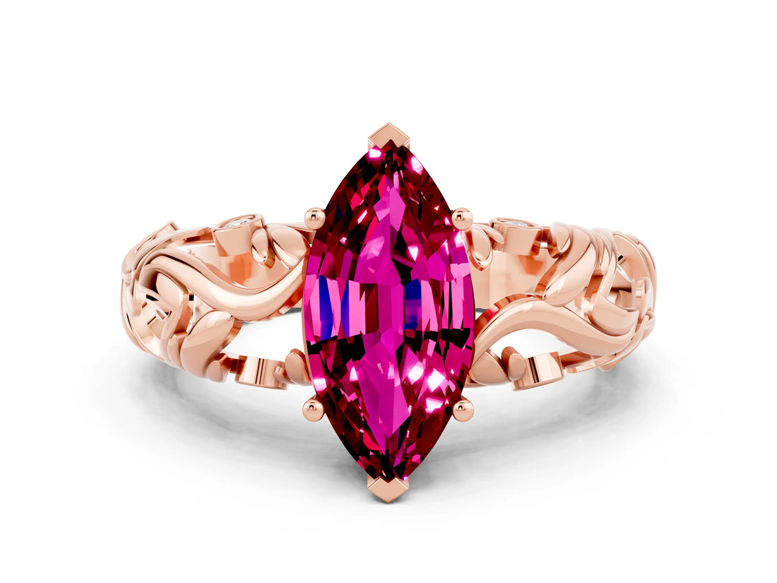 Rose gold Marquise Cut Solitaire Garnet Leaf-Inspired Vine Band Ring with Prong Setting