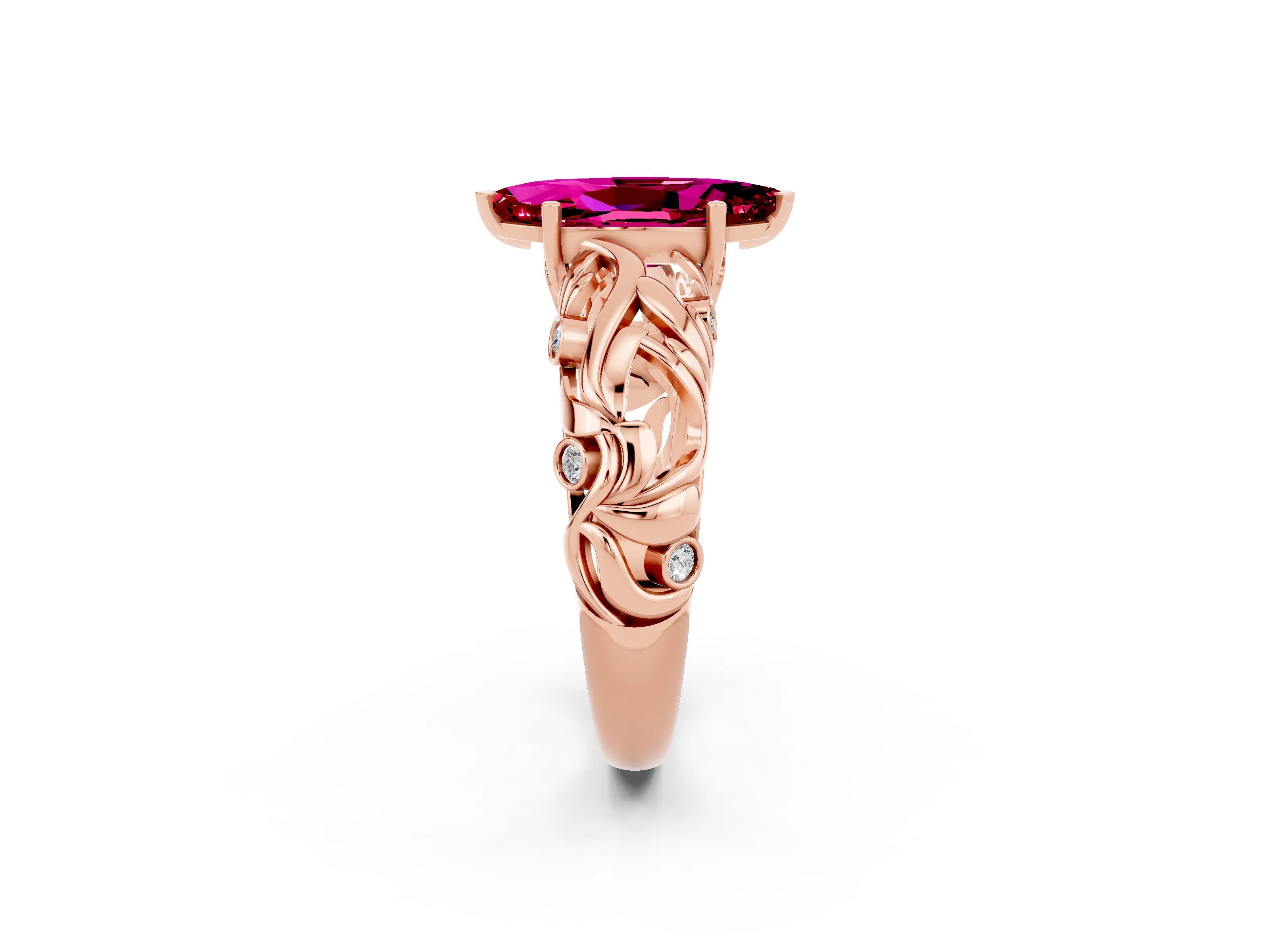 Rose gold Marquise Cut Solitaire Garnet Leaf-Inspired Vine Band Ring with Prong Setting_2