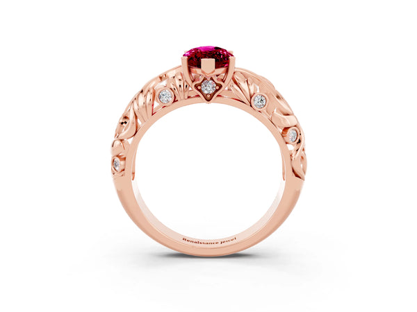 Rose gold Marquise Cut Solitaire Garnet Leaf-Inspired Vine Band Ring with Prong Setting