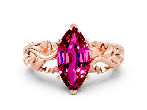 Rose gold Marquise Cut Solitaire Garnet Leaf-Inspired Vine Band Ring with Prong Setting