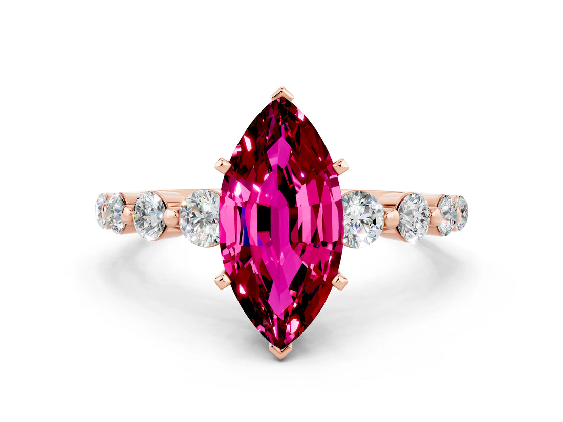 Rose gold Marquise Cut Solitaire Garnet Ring with Pave Band and Four-Prong Setting