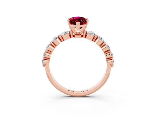 Rose gold Marquise Cut Solitaire Garnet Ring with Pave Band and Four-Prong Setting