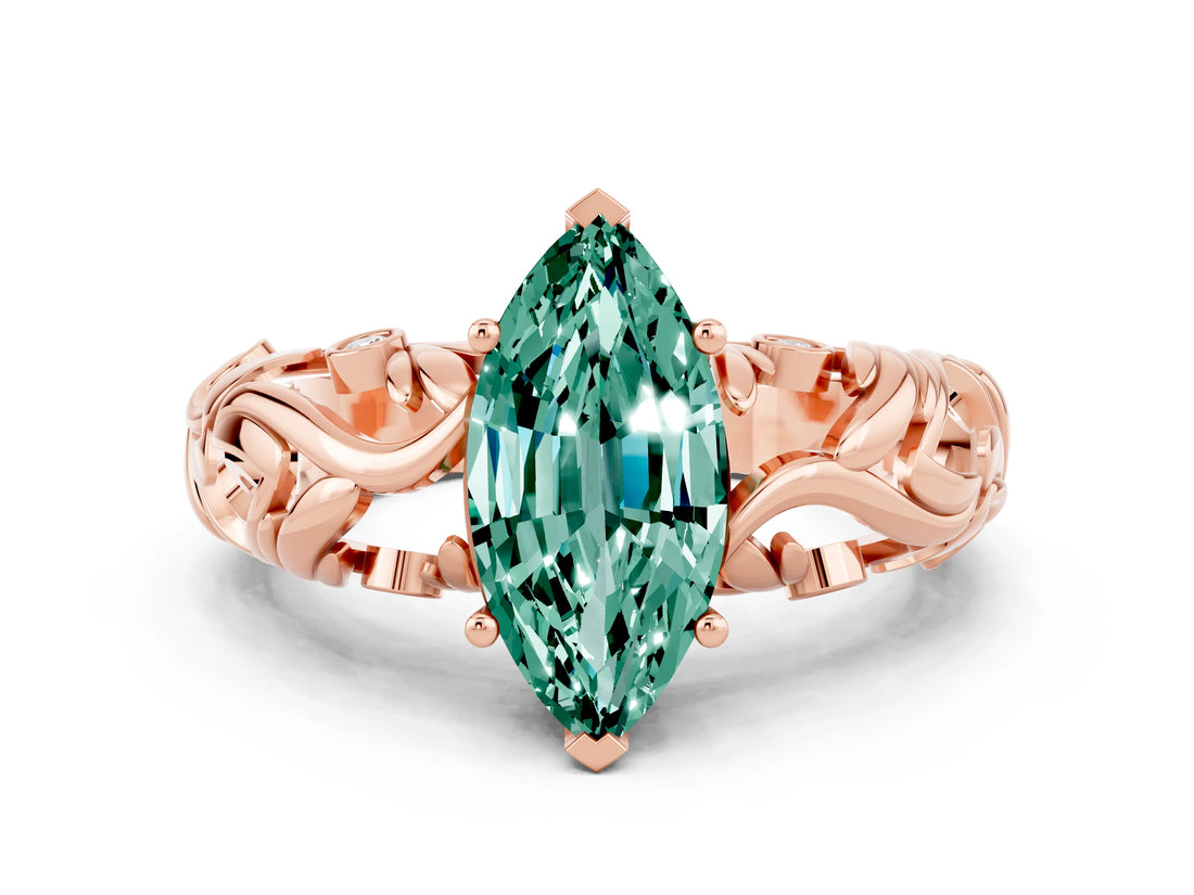 Rose gold Marquise Cut Solitaire Green Sapphire Leaf-Inspired Vine Band Ring with Prong Setting