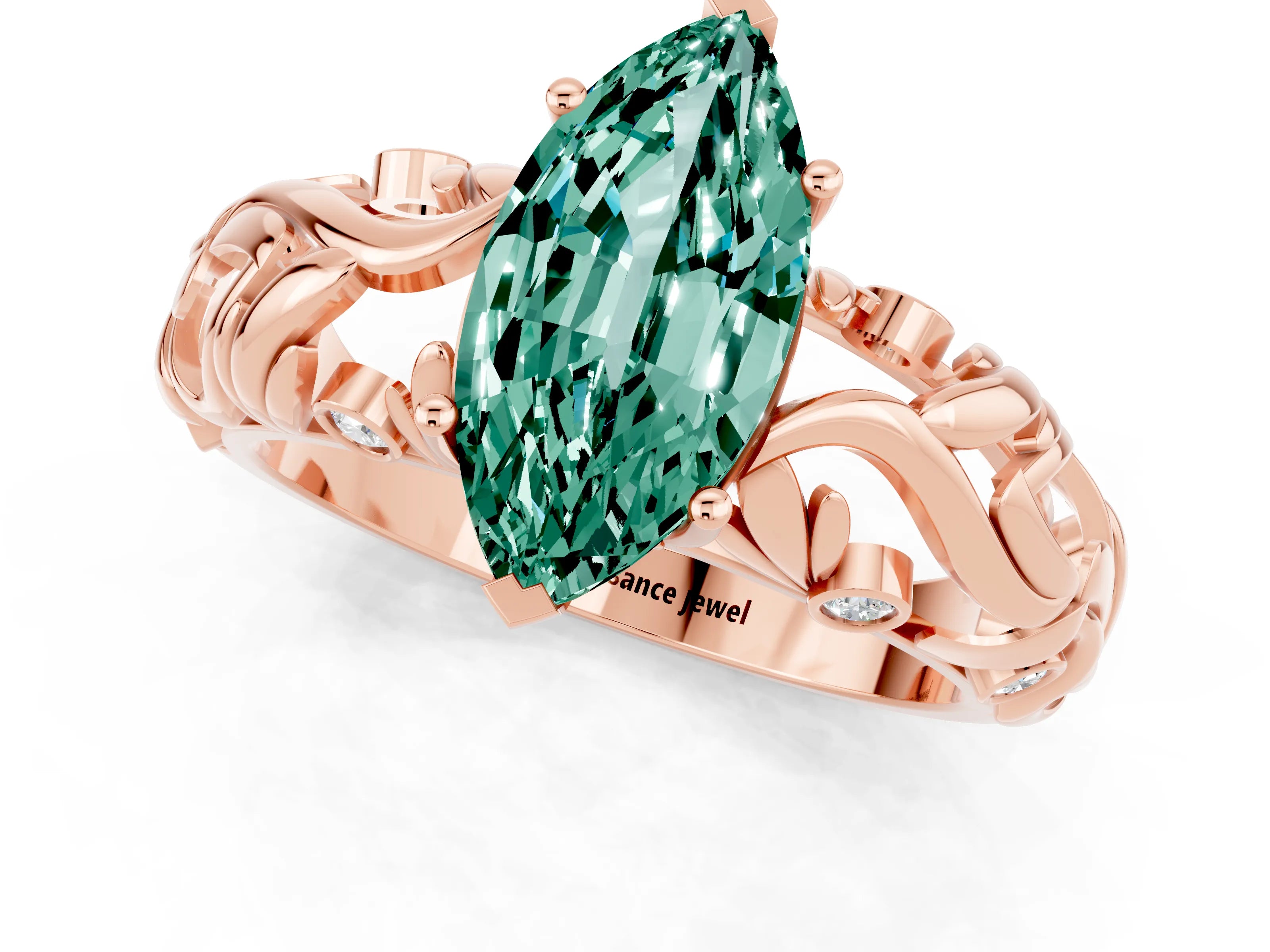 Rose gold Marquise Cut Solitaire Green Sapphire Leaf-Inspired Vine Band Ring with Prong Setting_1