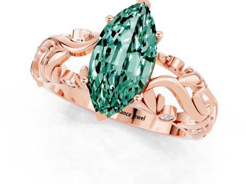 Rose gold Marquise Cut Solitaire Green Sapphire Leaf-Inspired Vine Band Ring with Prong Setting_1