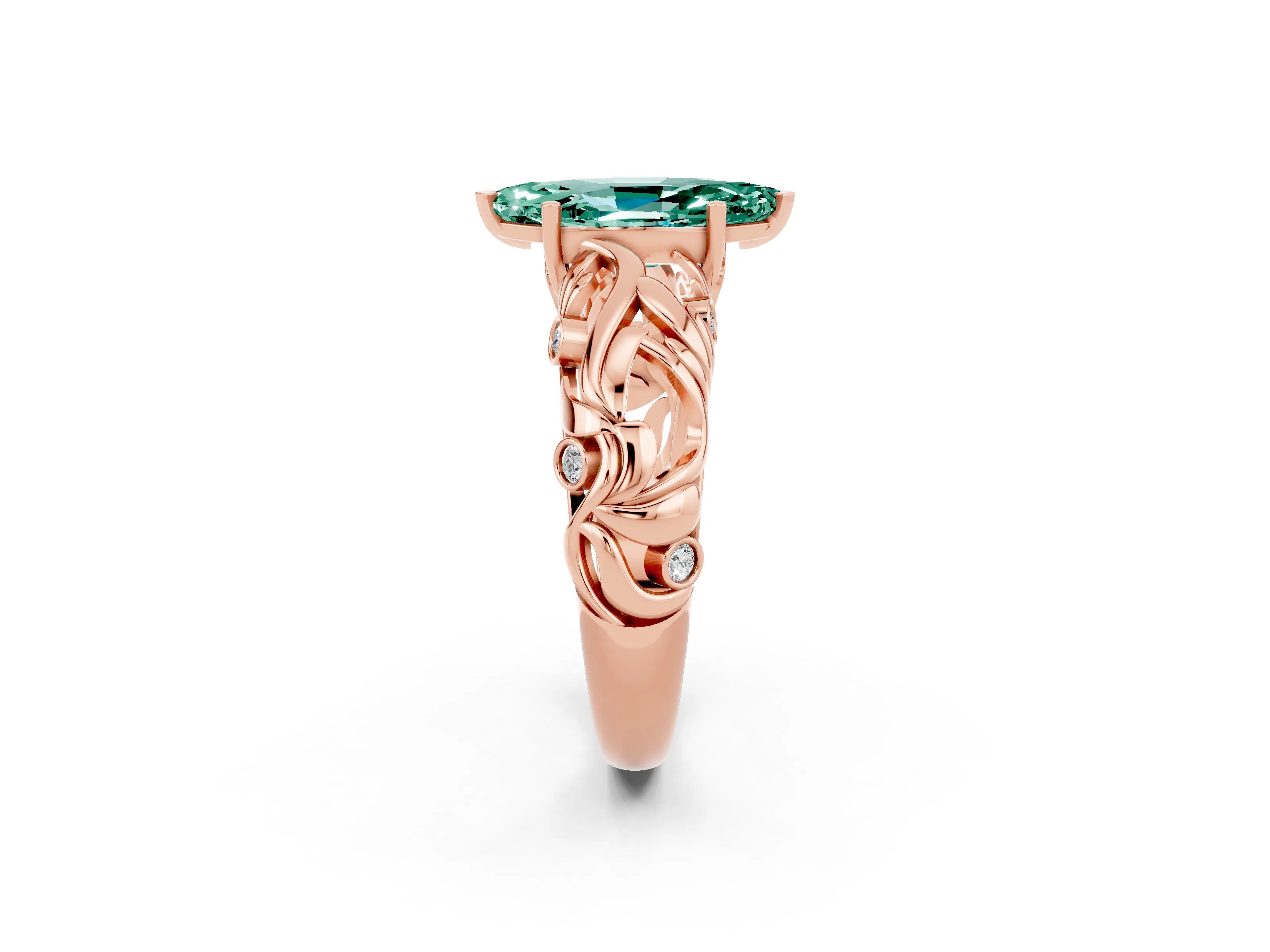 Rose gold Marquise Cut Solitaire Green Sapphire Leaf-Inspired Vine Band Ring with Prong Setting_2