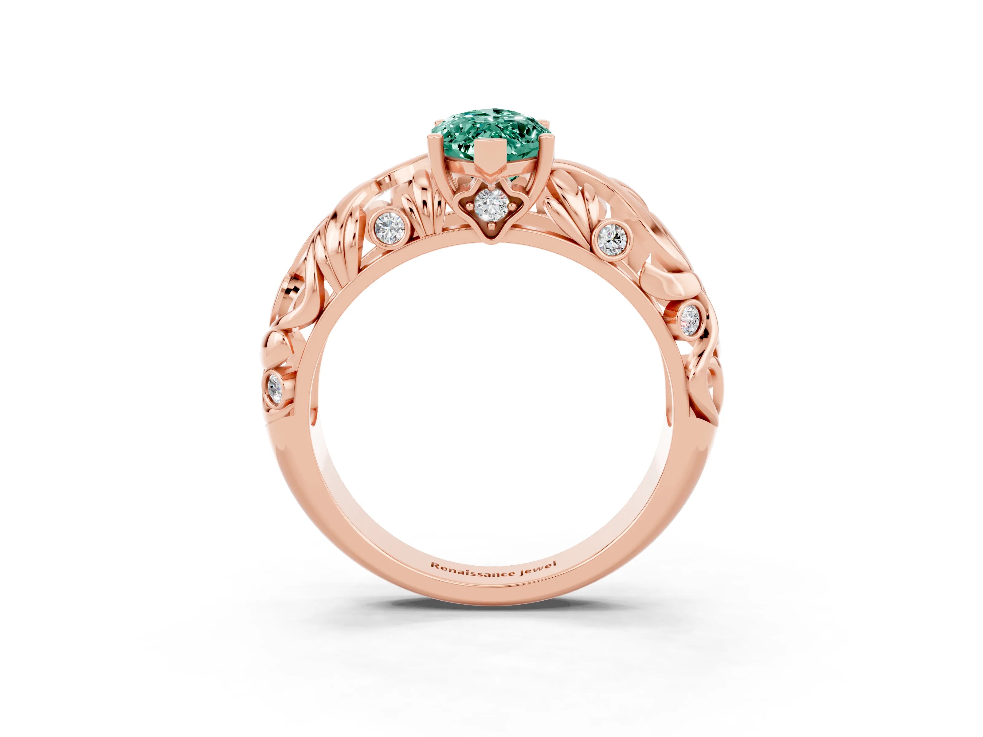 Rose gold Marquise Cut Solitaire Green Sapphire Leaf-Inspired Vine Band Ring with Prong Setting_3