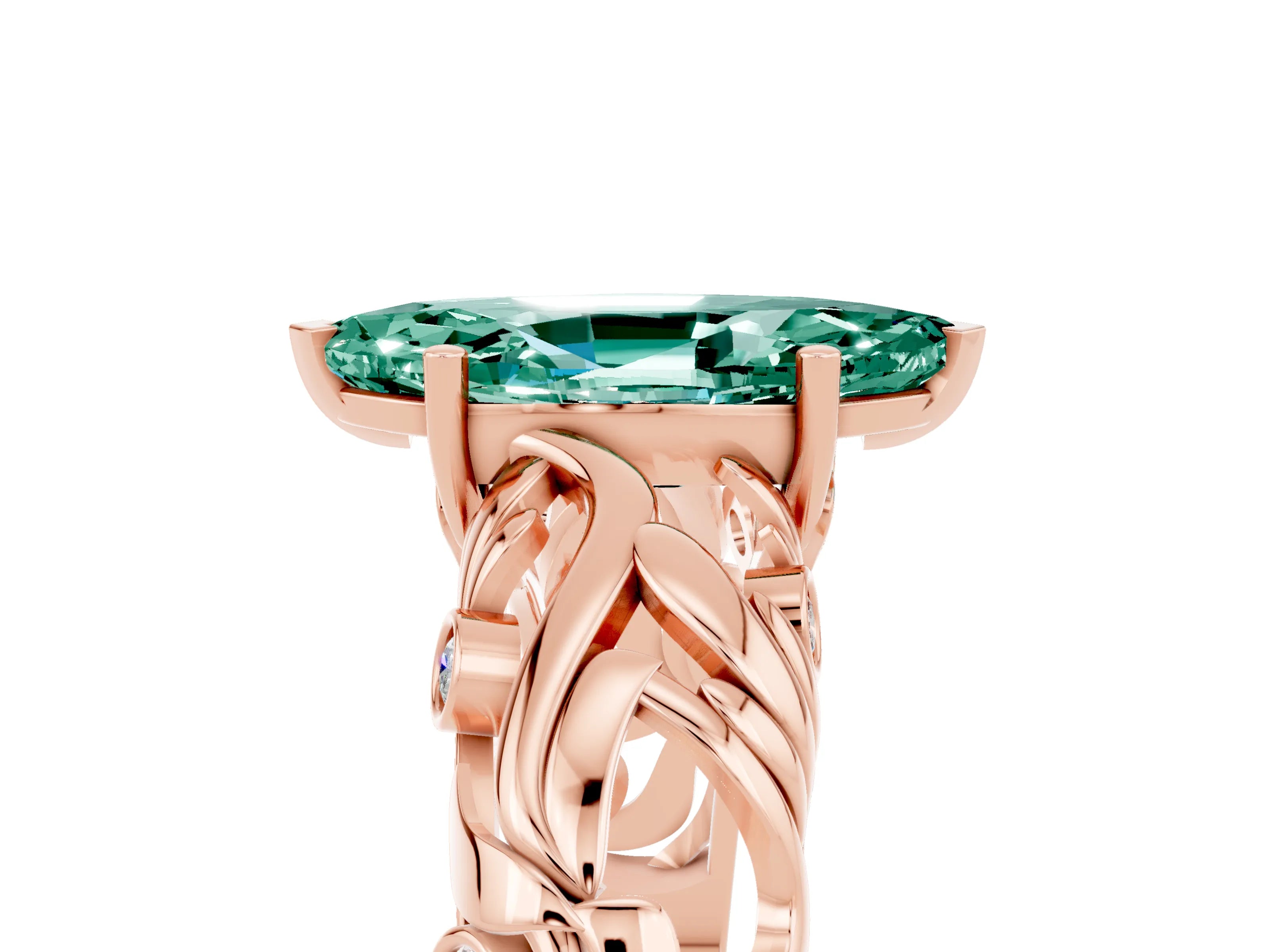 Rose gold Marquise Cut Solitaire Green Sapphire Leaf-Inspired Vine Band Ring with Prong Setting_5