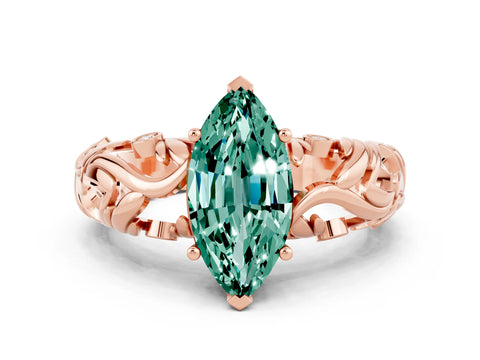 Rose gold Marquise Cut Solitaire Green Sapphire Leaf-Inspired Vine Band Ring with Prong Setting