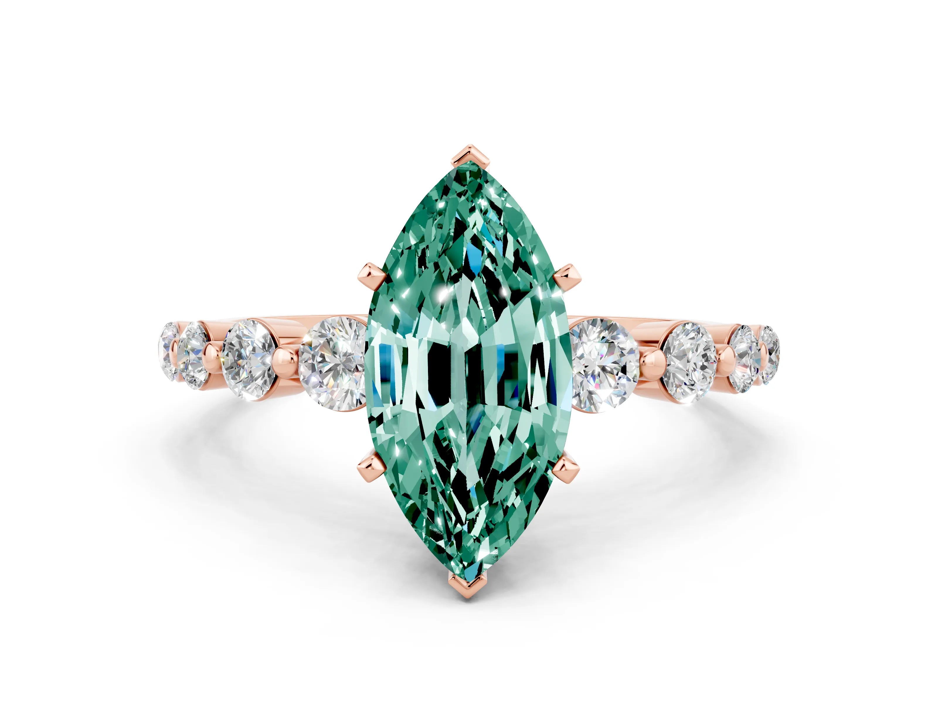 Rose gold Marquise Cut Solitaire Green Sapphire Ring with Pave Band and Four-Prong Setting