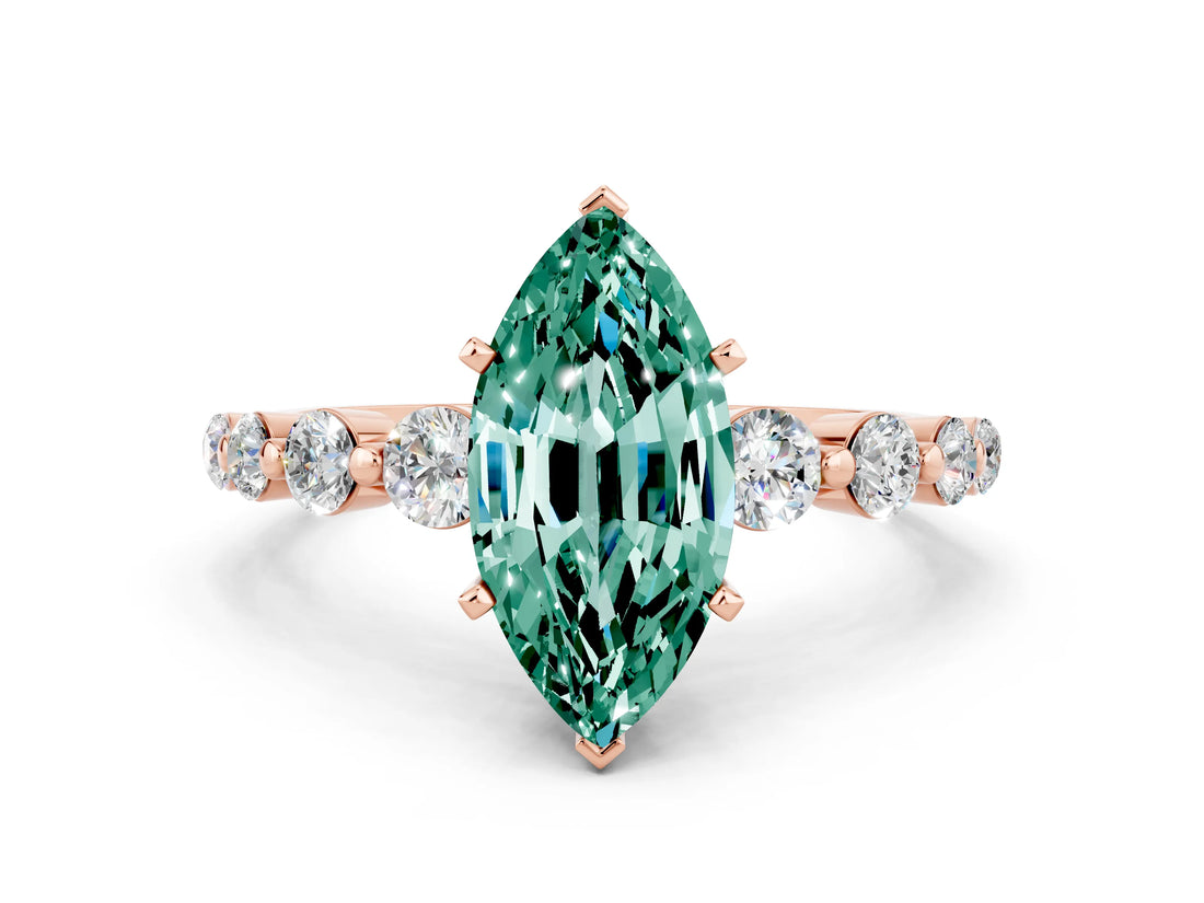 Rose gold Marquise Cut Solitaire Green Sapphire Ring with Pave Band and Four-Prong Setting