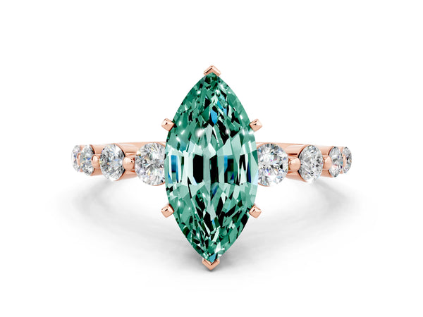 Rose gold Marquise Cut Solitaire Green Sapphire Ring with Pave Band and Four-Prong Setting
