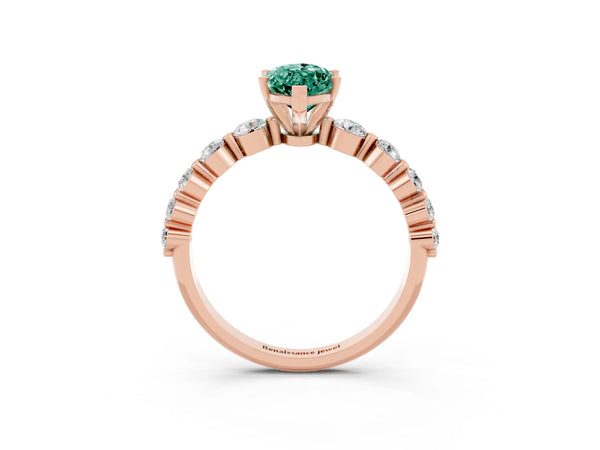 Rose gold Marquise Cut Solitaire Green Sapphire Ring with Pave Band and Four-Prong Setting