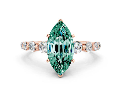 Rose gold Marquise Cut Solitaire Green Sapphire Ring with Pave Band and Four-Prong Setting