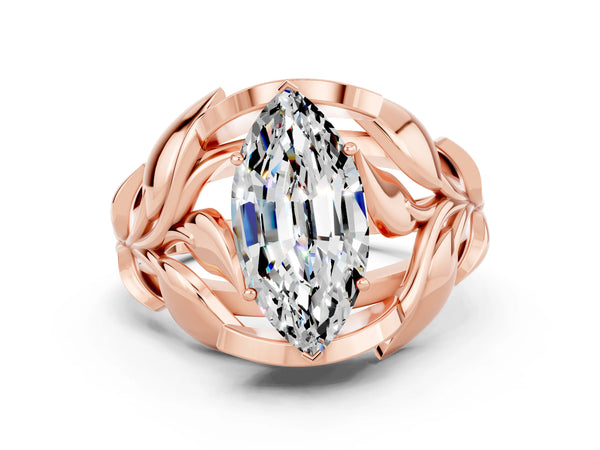 Rose gold Marquise Cut Moissanite Leaf-Inspired Engagement Ring with Round Accents and Prong Setting