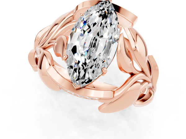 Rose gold Marquise Cut Moissanite Leaf-Inspired Engagement Ring with Round Accents and Prong Setting