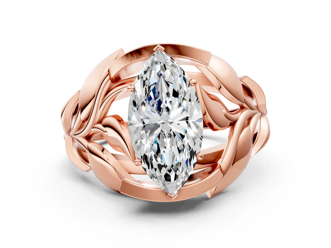 Rose gold Marquise Cut Solitaire Leaf-Inspired Engagement Ring with Prong Setting_19