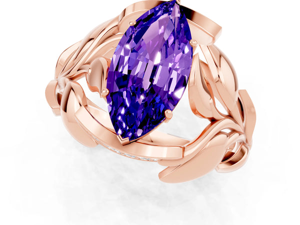 Rose gold Marquise Cut Tanzanite Leaf-Inspired Engagement Ring with Round Accents and Prong Setting