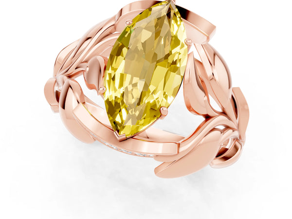 Rose gold Marquise Cut Yellow Sapphire Leaf-Inspired Engagement Ring with Round Accents and Prong Setting