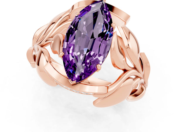 Rose gold Marquise Cut Amethyst Leaf-Inspired Engagement Ring with Round Accents and Prong Setting