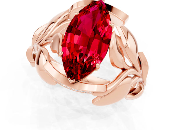 Rose gold Marquise Cut Ruby Leaf-Inspired Engagement Ring with Round Accents and Prong Setting