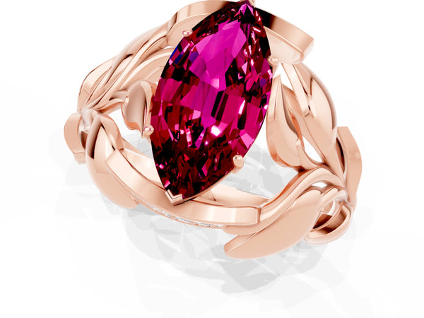 Rose gold Marquise Cut Garnet Leaf-Inspired Engagement Ring with Round Accents and Prong Setting