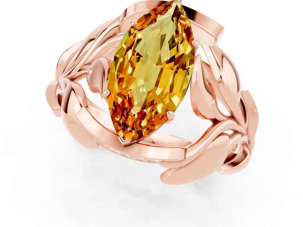 Rose gold Marquise Cut Citrine Leaf-Inspired Engagement Ring with Round Accents and Prong Setting