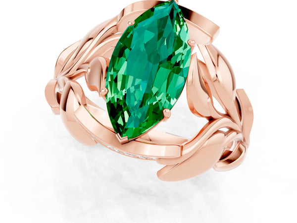 Rose gold Marquise Cut Emerald Leaf-Inspired Engagement Ring with Round Accents and Prong Setting