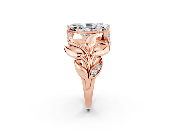 Rose gold Marquise Cut Moissanite Leaf-Inspired Engagement Ring with Round Accents and Prong Setting