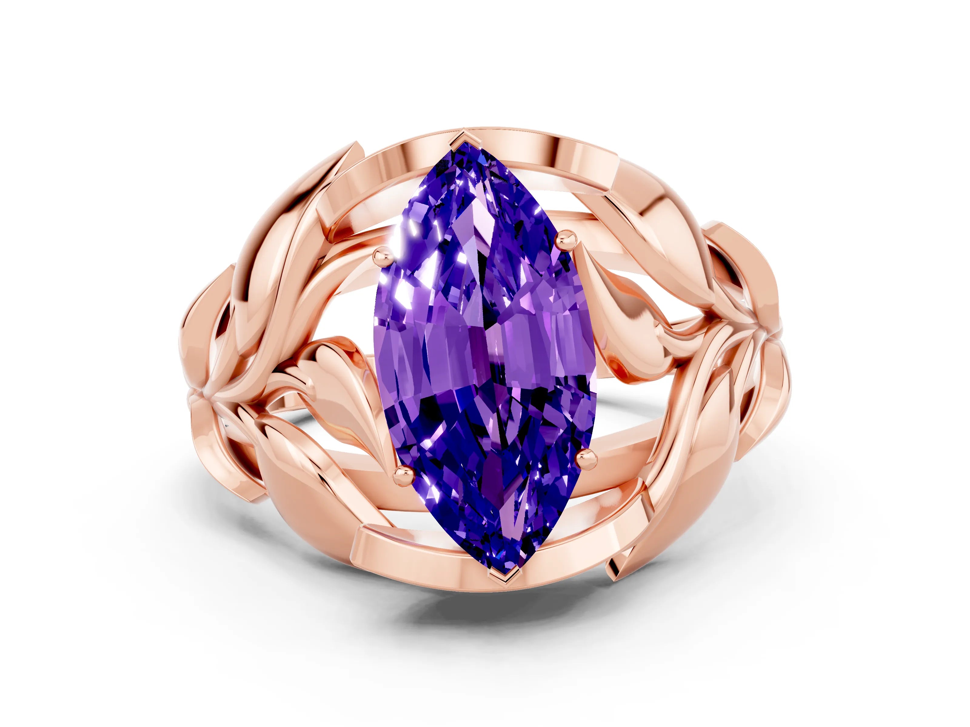 Rose gold Marquise Cut Solitaire Leaf-Inspired Engagement Ring with Prong Setting