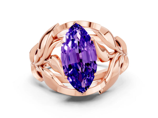 Rose gold Marquise Cut Tanzanite Leaf-Inspired Engagement Ring with Round Accents and Prong Setting