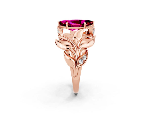 Rose gold Marquise Cut Garnet Leaf-Inspired Engagement Ring with Round Accents and Prong Setting