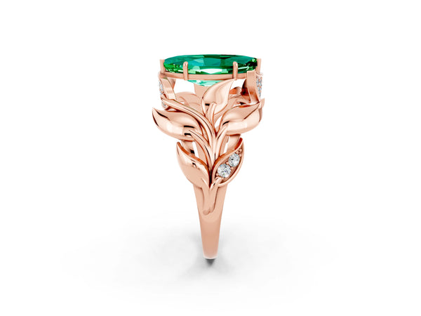 Rose gold Marquise Cut Emerald Leaf-Inspired Engagement Ring with Round Accents and Prong Setting