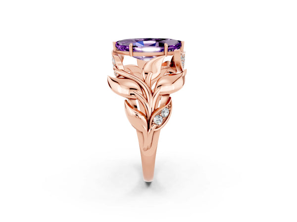 Rose gold Marquise Cut Amethyst Leaf-Inspired Engagement Ring with Round Accents and Prong Setting