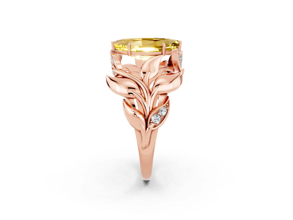 Rose gold Marquise Cut Yellow Sapphire Leaf-Inspired Engagement Ring with Round Accents and Prong Setting