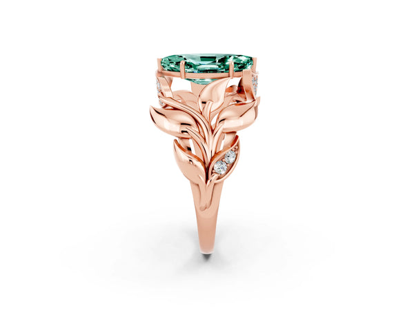 Rose gold Marquise Cut Green Sapphire Leaf-Inspired Engagement Ring with Round Accents and Prong Setting