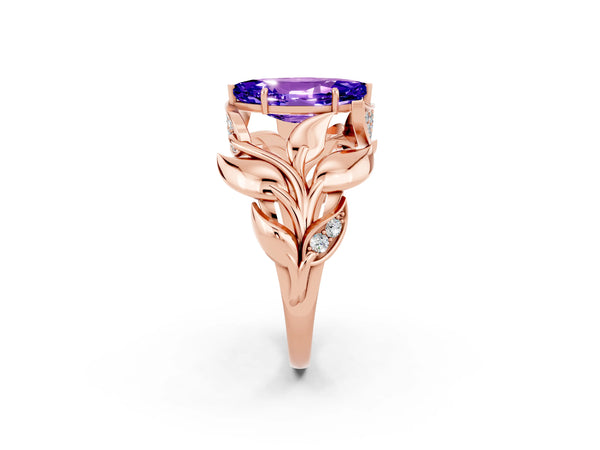 Rose gold Marquise Cut Tanzanite Leaf-Inspired Engagement Ring with Round Accents and Prong Setting